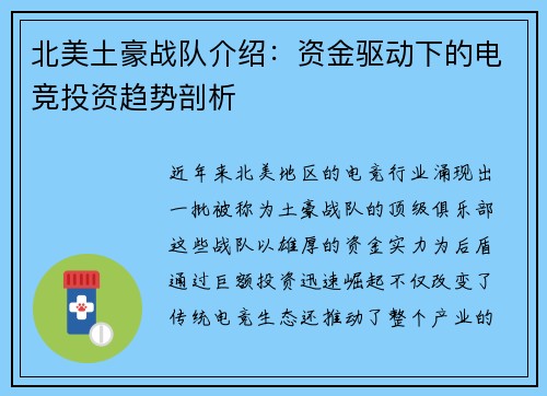 北美土豪战队介绍：资金驱动下的电竞投资趋势剖析